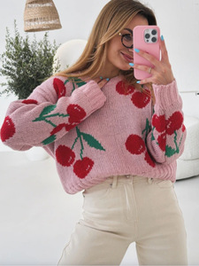 Pull-over col rond pour femme, collection automne-<span class=keywords><strong>hiver</strong></span>, jacquard <span class=keywords><strong>cerise</strong></span>, ample, manches longues, nouvelle collection, tricoté, <span class=keywords><strong>d</strong></span>écontracté, devant - Product Image 6