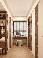 Système de dressing sur mesure de luxe avec étagères arquées et panneaux décoratifs en bois pour chambre principale