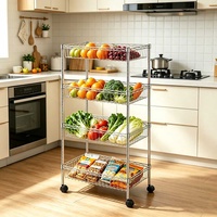 Étagère de rangement en fil métallique chromé à 4 niveaux réglable en acier au carbone pour fruits et légumes avec roulettes