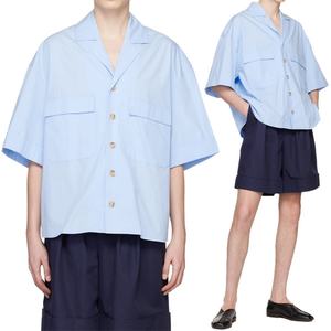 เสื้อเชิ้ตผู้ชายแขนสั้นสีน้ำเงินทรงโอเวอร์ไซส์ผ้าฝ้ายติดกระดุมพร้อมกระเป๋าปะ  รับสกรีนโลโก้ - Product Image 1