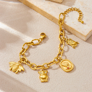 Fashion Charm Bracelet 18K Gold Plated Stainless Steel Animal Owl Bee Ladybug Rose Pendant Women's Jewelry Gift - Product Image 3