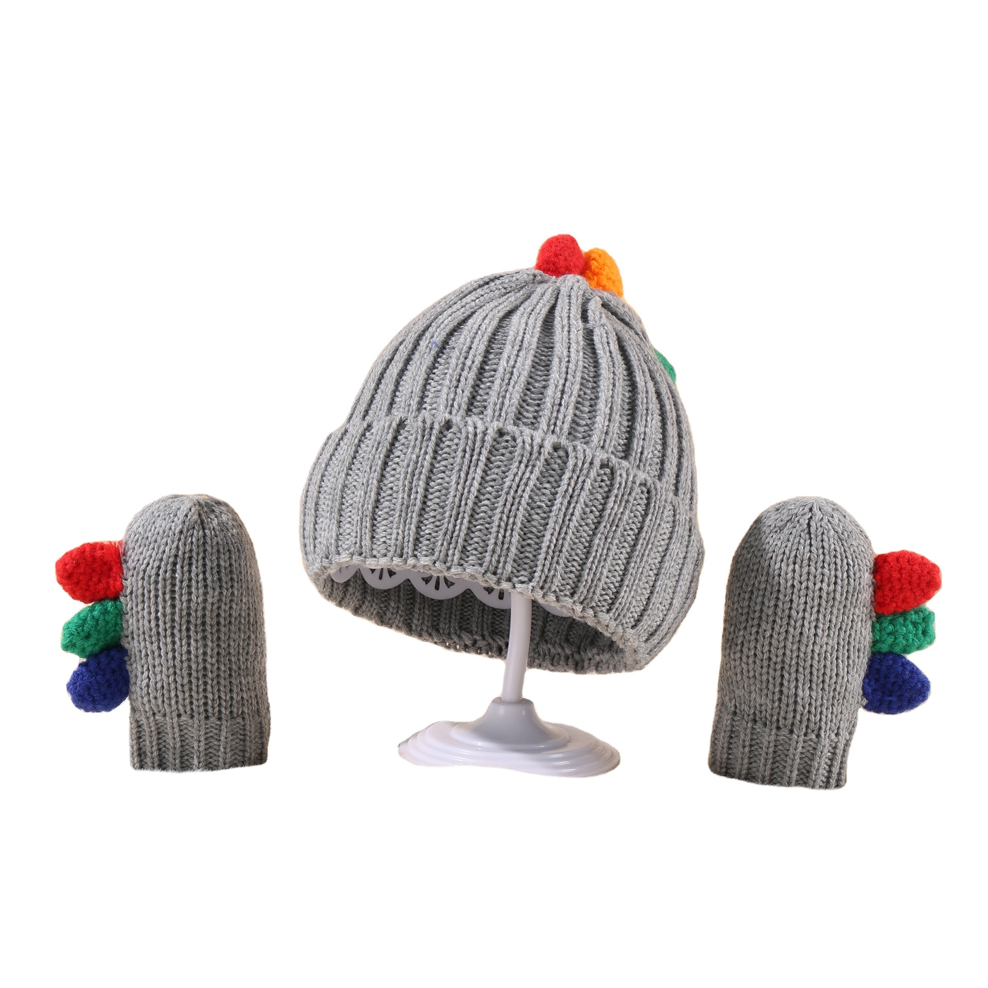 LSP37 Cute Baby Dinosaur Pattern Cartoon Custom Logo Pompom Wool Beanies Hat Unisex Acrylic Kids Knitted Winter Hats And Gloves