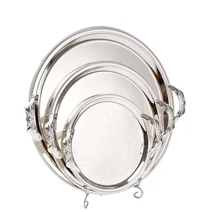 610P1H storage tray Middle East Stainless Steel 3 PCS/Set Flower Emboss Retro Craft Arabic Serving Mirror Silver Tray