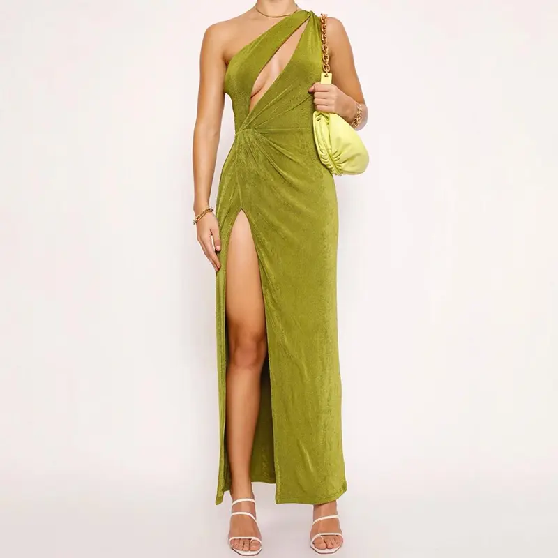 여름 여성 섹시한 녹색 컷 아웃 드레스 맥시 구멍 민소매 한 어깨 긴 드레스 슬릿 우아한