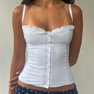 High Quality White Lace Trim Knitted Women's <b>Spaghetti</b> <b>Strap</b> Cami Top Button Embellished Bust Slimming Elegant Sexy & Club - Product Image 1