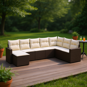 Ensemble de canapés de jardin en rotin brun 7 places avec coussins, mobilier de patio extérieur au design contemporain et moderne - Product Image 2