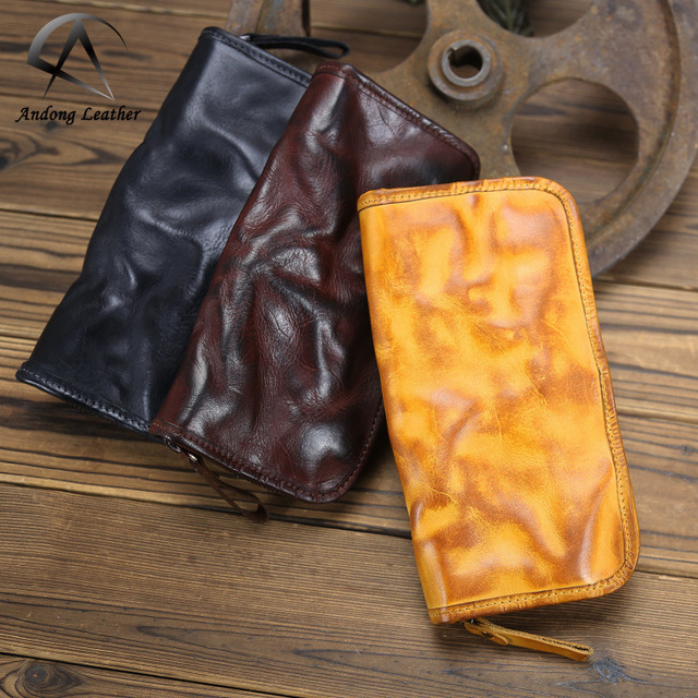 AndoBag Fashion Genuine Cow Leather Men's Long Wallet Business Casual Handmade Men Phone Purse Cowhide Clutch Pocket Bag Wallet