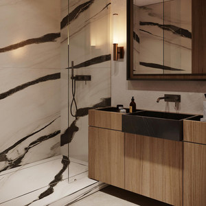 Simplified wood grain rock board integrated seamless basin intelligent <b>mirror</b> cabinet customized bathroom cabinet - Product Image 2