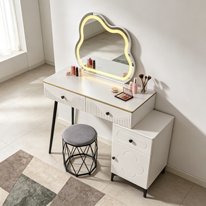 Modern Makeup Vanity <b>With</b> Lighted Cloud Mirror And Storage <b>Drawers</b> Bedroom <b>Dressing</b> <b>Table</b> <b>With</b> Stool - Product Image 2