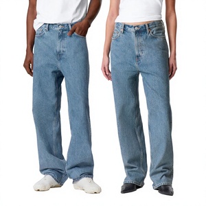 Jean baggy décontracté pour homme en denim délavé, taille haute, en coton mi-lourd, avec braguette boutonnée, bleu clair - Product Image 1