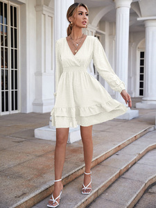 Ultimo Modello Estivo di <span class=keywords><strong>Abito</strong></span> in <span class=keywords><strong>Chiffon</strong></span> a <span class=keywords><strong>Maniche</strong></span> <span class=keywords><strong>Lunghe</strong></span> per Donna, Sexy Scollo a V con Puntini e Volant, Mini <span class=keywords><strong>Abito</strong></span> Aderente - Product Image 5