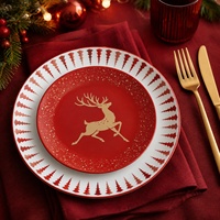 Assiette de Noël de luxe rouge en porcelaine blanche avec motif renne doré, bordure dorée mouchetée, compatible lave-vaisselle