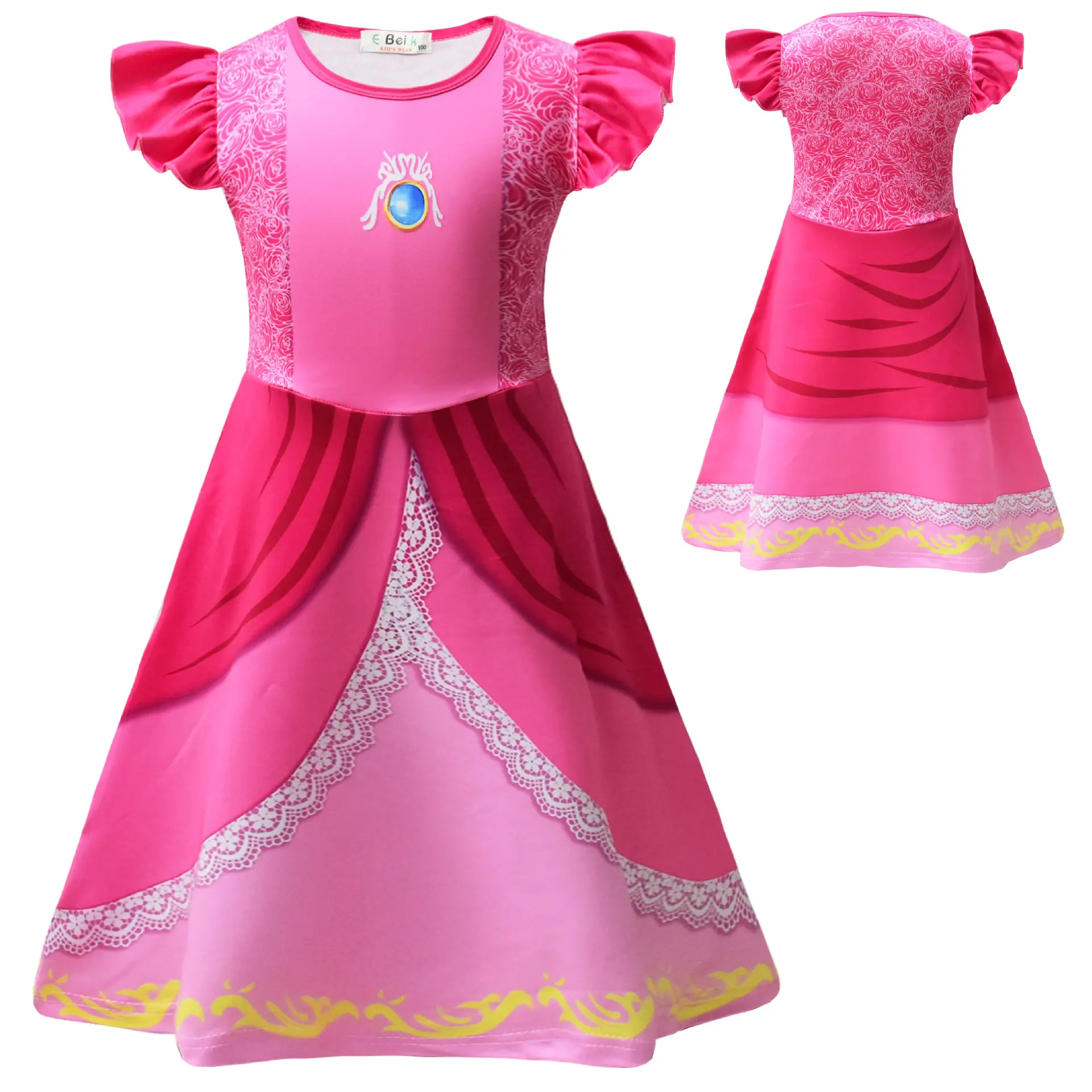 QY Spot Großhandel Kinder Karneval Cosplay Halloween Kinder Phantasie Kostüme Sommer Super Mario Pfirsich Prinzessin Dress UP