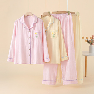 Nuovo Pigiama da Donna <span class=keywords><strong>in</strong></span> Puro <span class=keywords><strong>Cotone</strong></span> a Doppio Strato di Garza, Completo Homewear a Maniche Lunghe con Vita Elasticizzata per Primavera e Autunno - Product Image 1