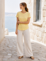 Pull tricoté jaune uni pour femme, col rond, manches courtes, avec couture centrale, idéal pour les saisons chaudes et le quotidien