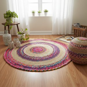 Eco-Friendly <b>Machine</b> Made Modern Jute Rug Floral Design Braided Non-Slip Anti-Bacteria Flat Pile Jute Backing Home Prayer Picnic - Product Image 3