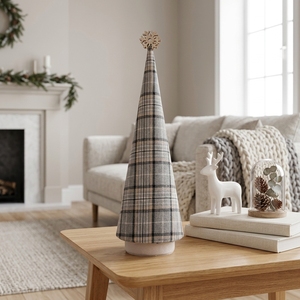 Décoration de Noël en flanelle à carreaux gris, motif cône, pour table, avec flocon de neige en bois, style cabane, pour les fêtes - Product Image 1