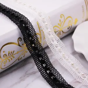 Deepeel AP213 1.5cm DIY Sewing Garment Clothing Materials Knitted Hollow Out Mesh Pearl Beaded Elastic Lace