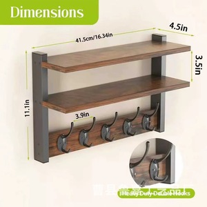 <b>Wall</b>-<b>mounted</b> Wooden Floating <b>Shelf</b> 3-tier With Hooks For Entryway Storage Organization - Product Image 3