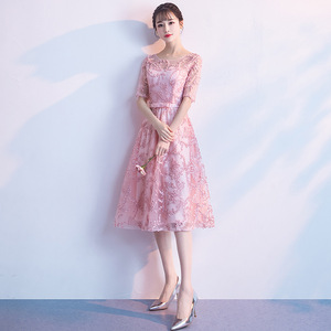 Elegant Pink Lace Bridesmaid Dress Mid Length Sweetheart Neckline Polyester Fiber Candy Color Engagement Dress - Product Image 4