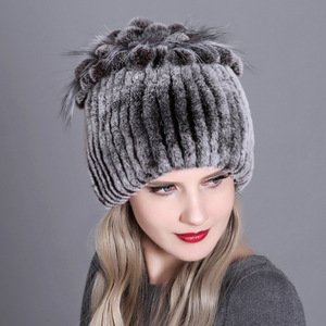 Bonnet en laine mélangée côtelée ultra doux en véritable <span class=keywords><strong>fourrure</strong></span> de lapin Rex, chaud et élégant pour femme, idéal pour le quotidien - Product Image 2