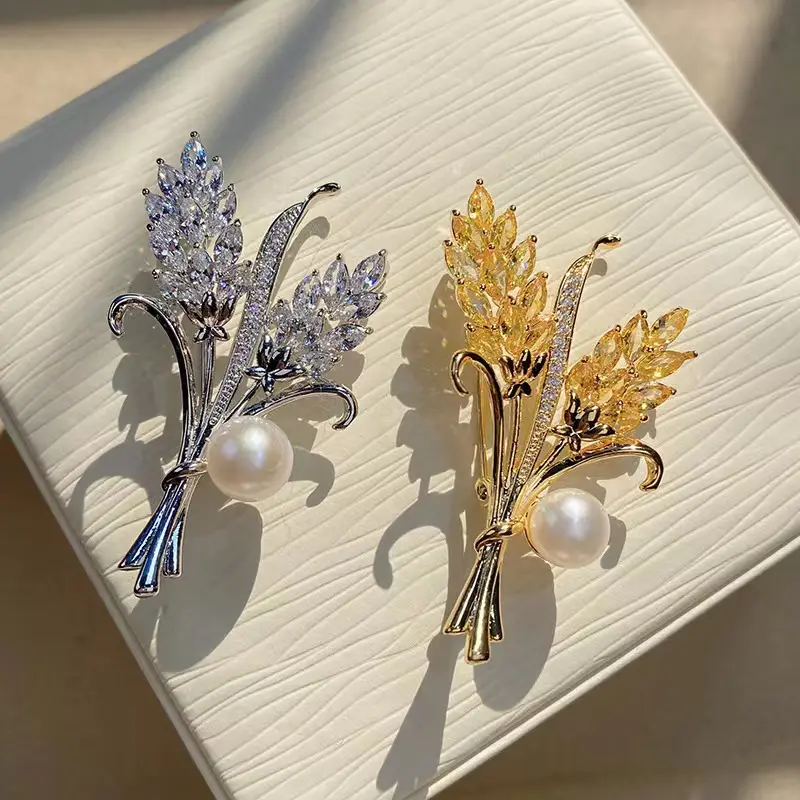 DIY No Pearl Jewelry Kupfer beschlag Zubehör Galvani siertes Gold Intarsien Zirkon Gold Weizen Spike Brosche Pin