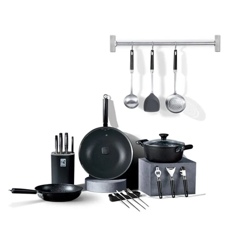Utensilio de cocina de acero inoxidable 304 negro de lujo, pala, palillos, juego de ollas y sartenes, 18 piezas