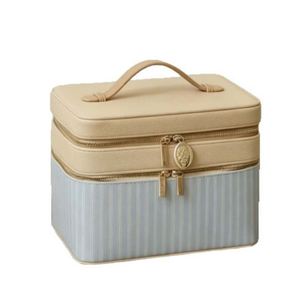 Customized Double Layer Striped <b>Makeup</b> Bag for Women Portable Travel <b>Makeup</b> Toiletry Bag Lychee Pattern <b>Makeup</b> Storage <b>Cases</b> - Product Image 1