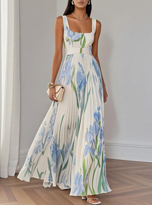 Nouvelle arrivée Robe longue plissée à imprimé floral pour femmes, col <span class=keywords><strong>carré</strong></span>, sans manches, ceinture à la taille, <span class=keywords><strong>coupe</strong></span> évasée, robe de soirée formelle - Product Image 2