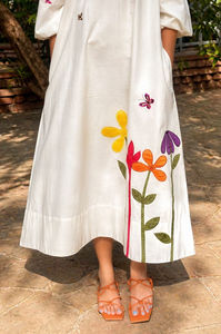 The Meadow Patch <b>Dress</b> 100% Cotton Woven Natural Waistline 3/4th Sleeves <b>Elasticated</b> Hems Floral Patch Embroidery Front & Back - Product Image 3