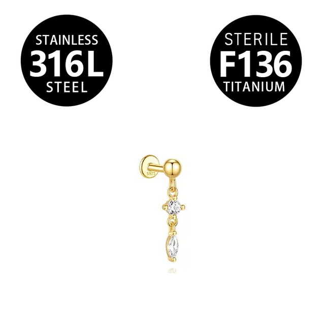 Helix Piercing Jewelry, Internally Threaded Flat Back Helix Earrings, Stainless Steel Dangle , White CZ Tragus Lip