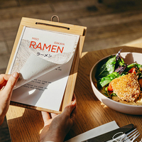 Support de menu en bois A5 personnalisé avec logo gravé pour restaurant, café, menu de boissons, liste de vins, présentoir de table en cuir et dentelle