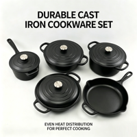 Ensemble de batterie de cuisine en fonte émaillée LFGB FDA, 5 pièces : cocotte, poêle, casserole, faitout, compatible induction