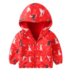 Girls Red Rabbit Pattern Hooded Jacket Lightweight Windproof for Kids Fleece Outdoor Waterproof Jacket