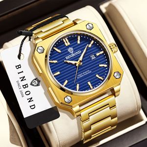 Binbond Men's Watch Gold Stainless Steel Quartz Blue Dial Luminous Calendar Square Fashion Watch - Product Image 1