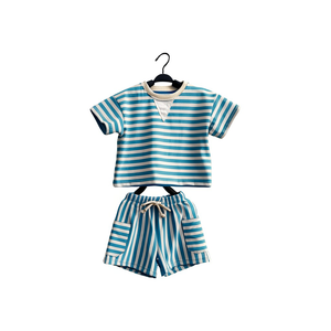 Ensemble de survêtement rayé confortable en coton pour enfants, ensemble d'été adapté aux bébés de 0 à 8 <span class=keywords><strong>ans</strong></span> - Product Image 3