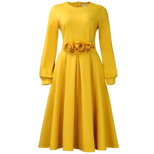 D602 Abito Midi <span class=keywords><strong>a</strong></span> Linea <span class=keywords><strong>A</strong></span> da Donna, Formale e Modesto, Tinta Unita, Manica Lunga, Decorazione Floreale 3D, Ecologico, per Primavera e Autunno - Product Image 2
