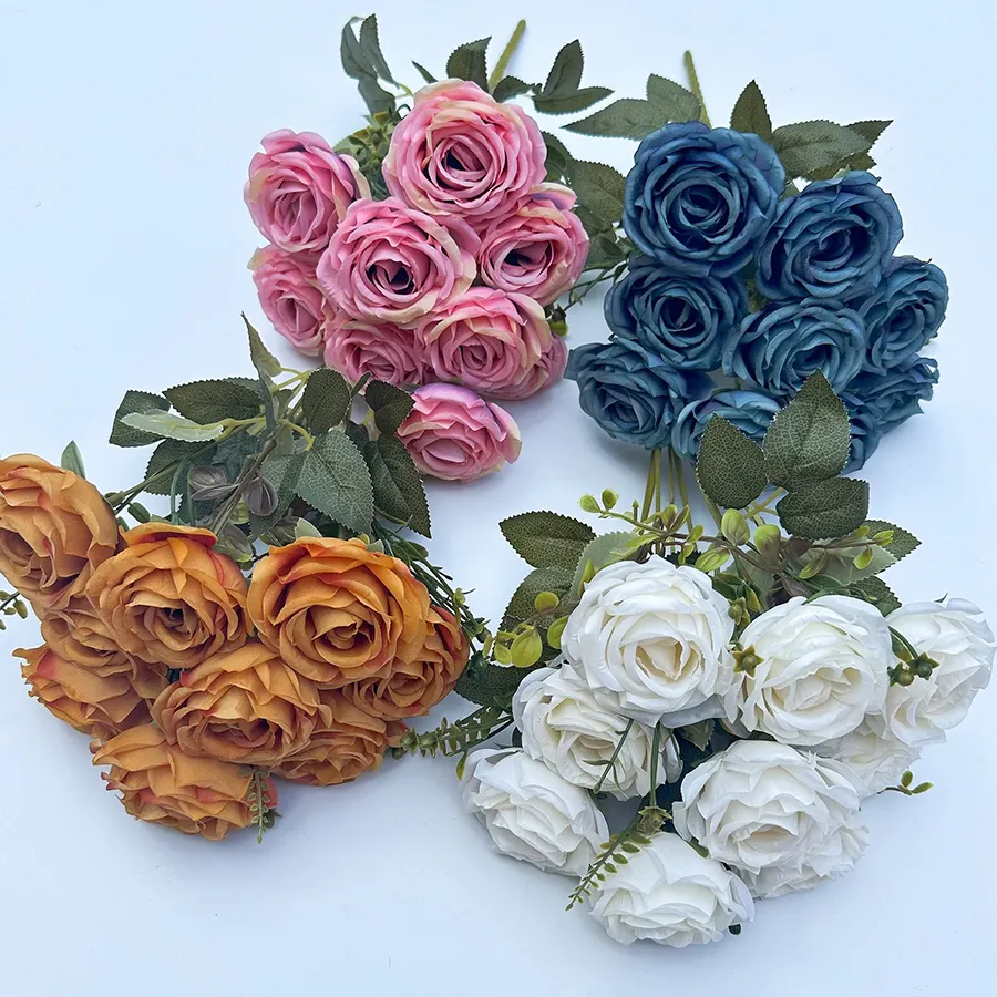 Rosas brancas artificiais decorativas seda flores bouquet atacado para decoração ao ar livre casamento artificial