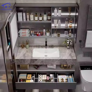 Black minimalist luxury smart mirror cabinet with hanging cabinet body white washbasin and marble countertop - Product Image 2
