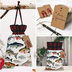 Bolsas de Navidad con cordón, sacos de regalo de Navidad con diseño de pez, bolsas de algodón a cuadros Buffalo Plaid, bolsas de lino para guardar regalos de Navidad y fiestas - Product Image 5