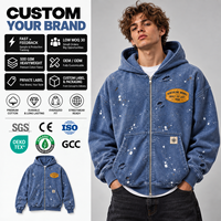 Sweat à capuche zippé intégral personnalisé 400 GSM, coupe oversize, effet délavé, éclaboussures de peinture, en coton, style streetwear vintage pour homme