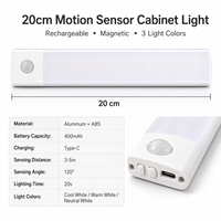 Lampu Kabinet LED Modern 20CM Berbahan Aluminium, Dapat Diisi Ulang, 3 Warna, Peredupan Tanpa Tingkat, Aktif dengan Gerakan, untuk Dapur & Lemari