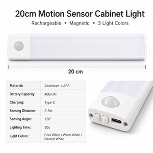 20CM Magnetic Closet Light, 3 Color Stepless Dimming Motion Activated Rechargeable LED Cabinet Lamp for Wardrobe <b>Kitchen</b> - Product Image 5