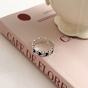 Yinruitai S925 Sterling <b>Silver</b> Black Glazed Heart Shaped Open <b>Ring</b> For Women <b>Adjustable</b> Everyday Wear Jewelry - Product Image 2