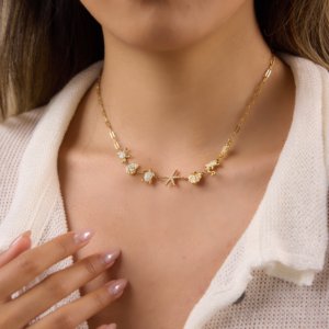 Collana con ciondoli nautici J&<span class=keywords><strong>D</strong></span> Jewelry in acciaio inossidabile placcato oro 18K, con strass, granchio, stella marina, delfino, gioielli a tema vita marina per resort - Product Image 2