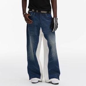 กางเกงยีนส์เดนิมเนื้อหนาคุณภาพสูงแบบขายส่ง ล้างสีซีดจาง ปักโลโก้ตามสั่ง ตะเข็บสีน้ำเงิน ยีนส์สีขาว ทรงหลวม แบบสองชั้น - Product Image 2