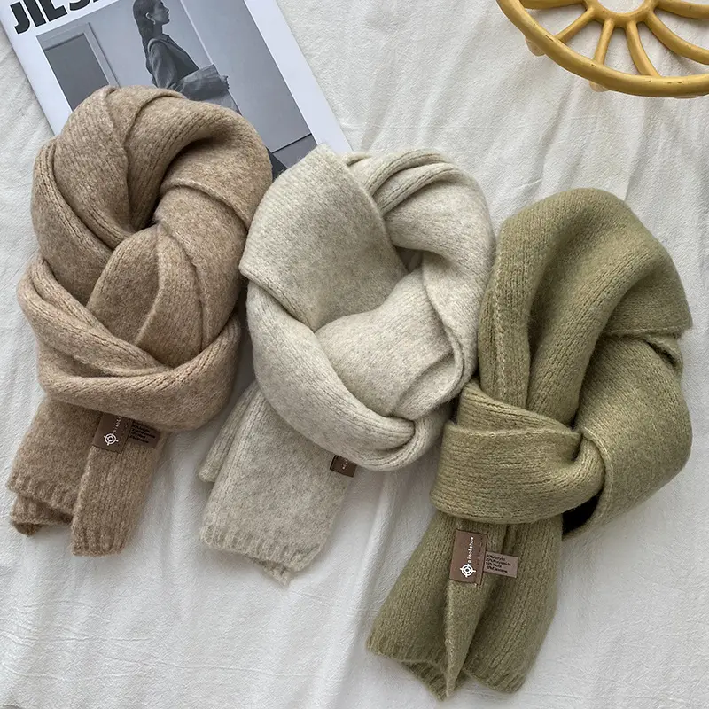 YD492 New Winter Women Man Solid Color Warm Scarf Women Leather Label Shawls Scarf Wool Knitted Scarves