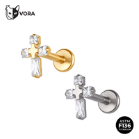 Vente en gros directe usine : Labret croix en titane ASTM F136, zircon taille poire, dos plat, plaqué or 18K vintage, pour Tragus et Conch