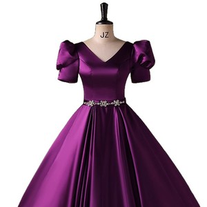 Purple Satin Ball Gown With Puff Sleeves And Beaded Waist For Women Stage Performance Dress - Product Image 5