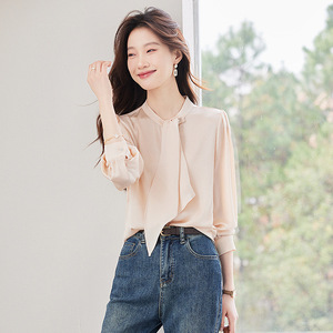 White Women's Chiffon Shirt With Ribbon <b>Tie</b> Long Sleeve Office Blouse Solid Color <b>Polyester</b> Fabric Q9977 - Product Image 2